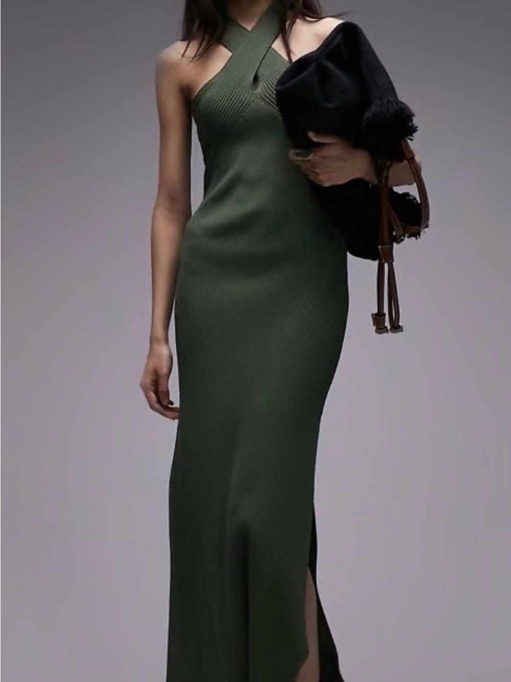 Topshop Olive One-Shoulder Ribbed Maxi Dress